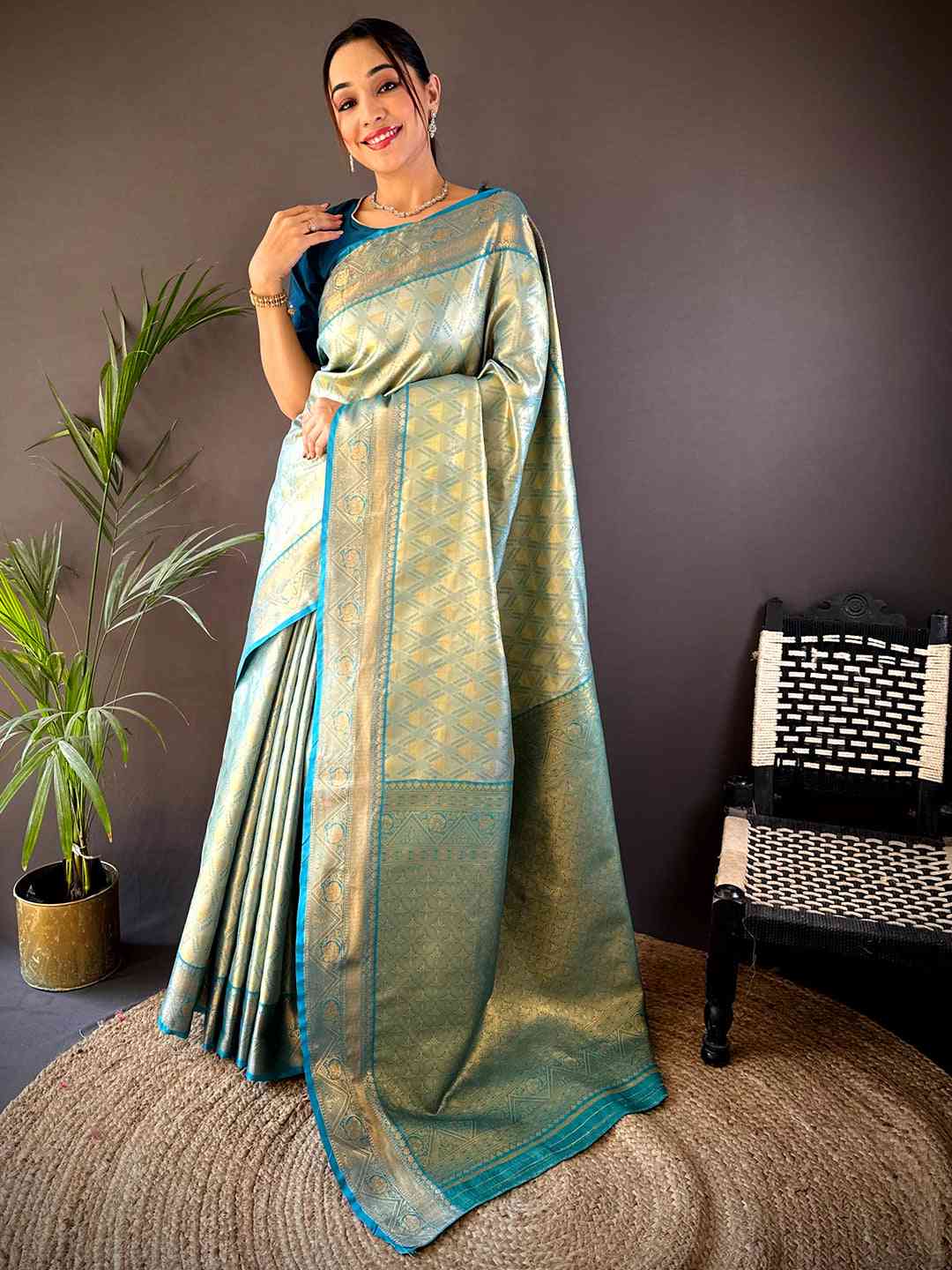 Rama Golden Geometrics With Floral Elegance Saree by My Store