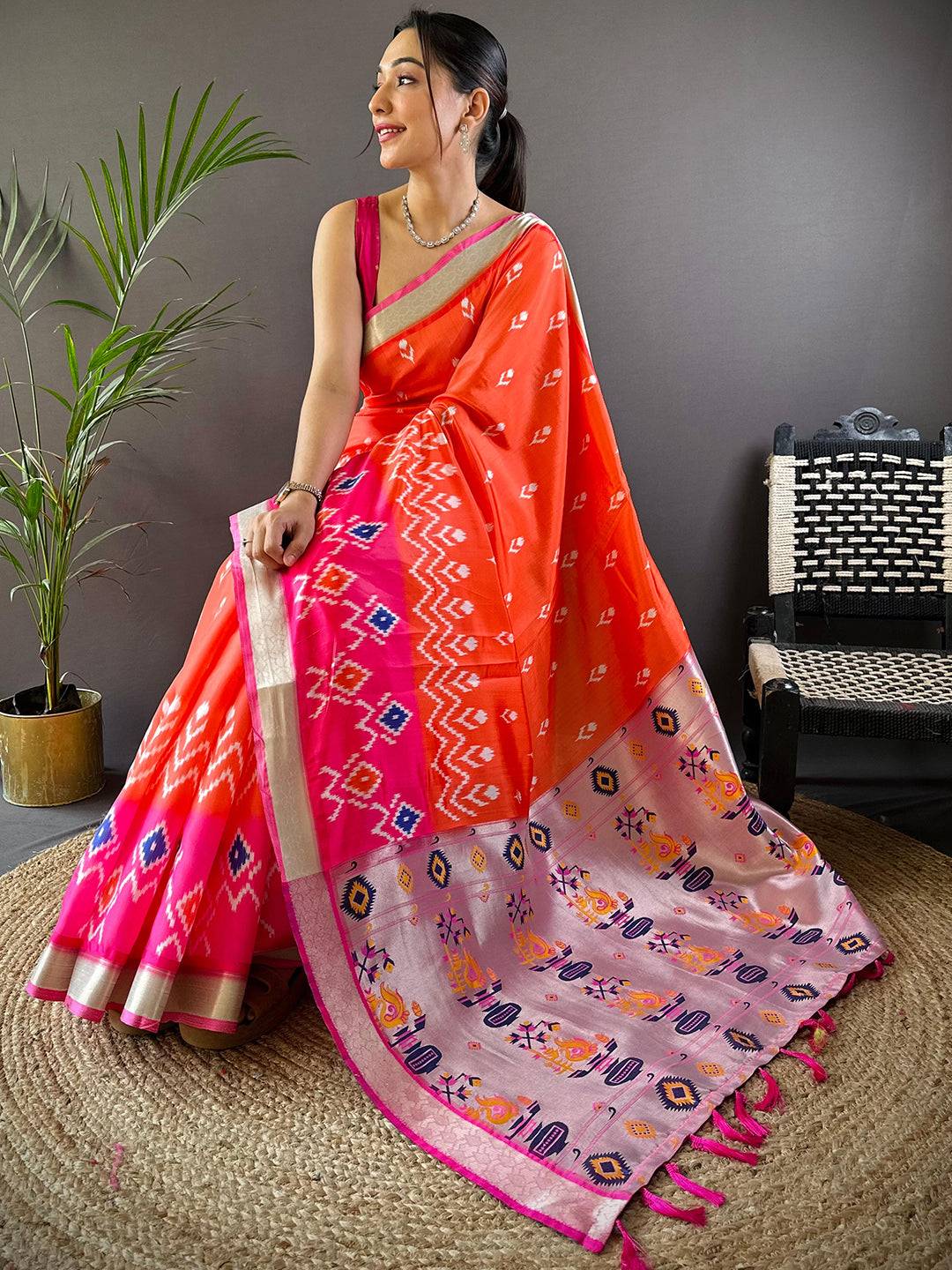 Orange Ikkat Paithani Soft Silk Saree by My Store