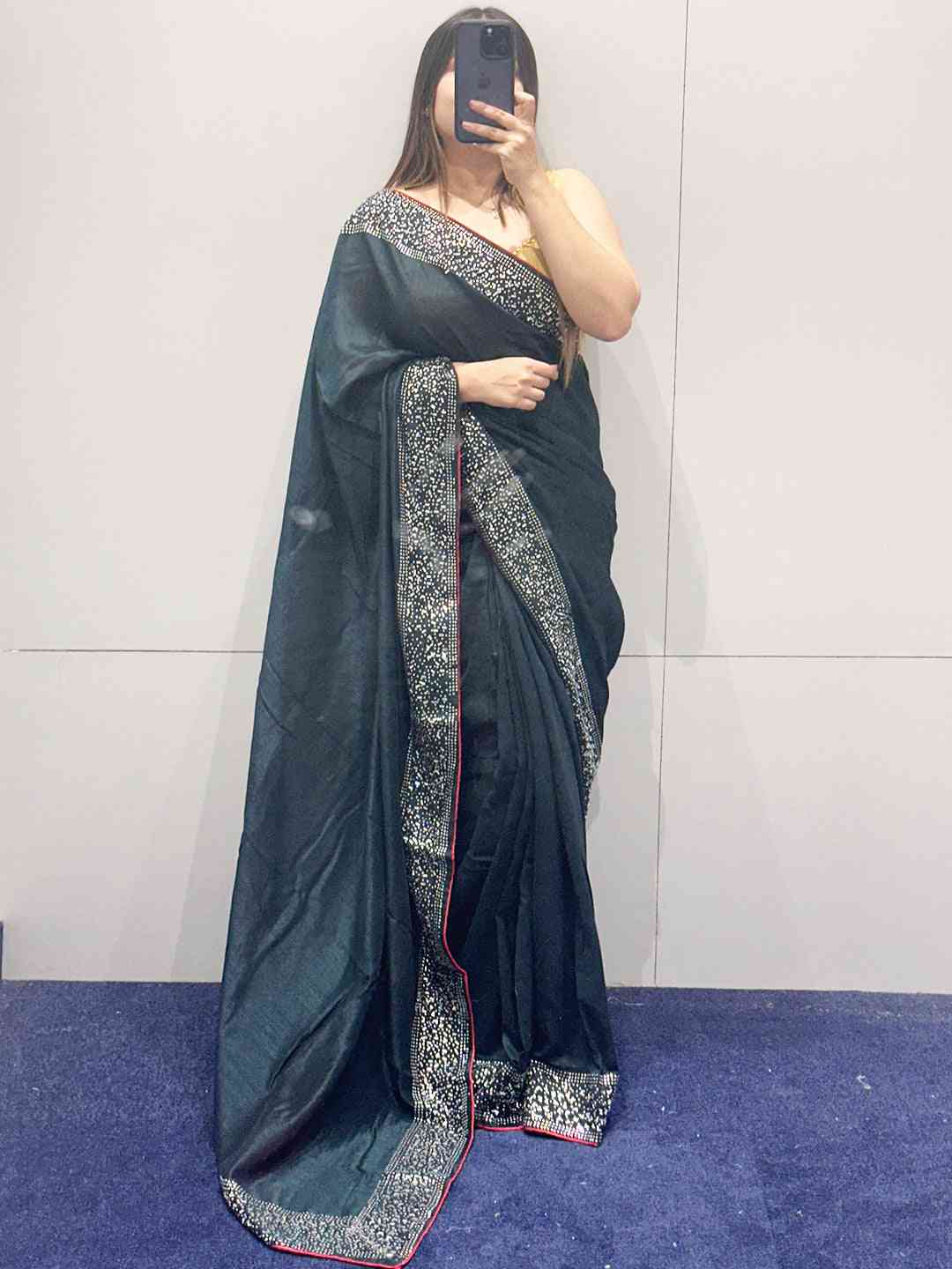Dark Green colour Vichitra Silk Saree With Embellish Swarovski Stone work by My Store