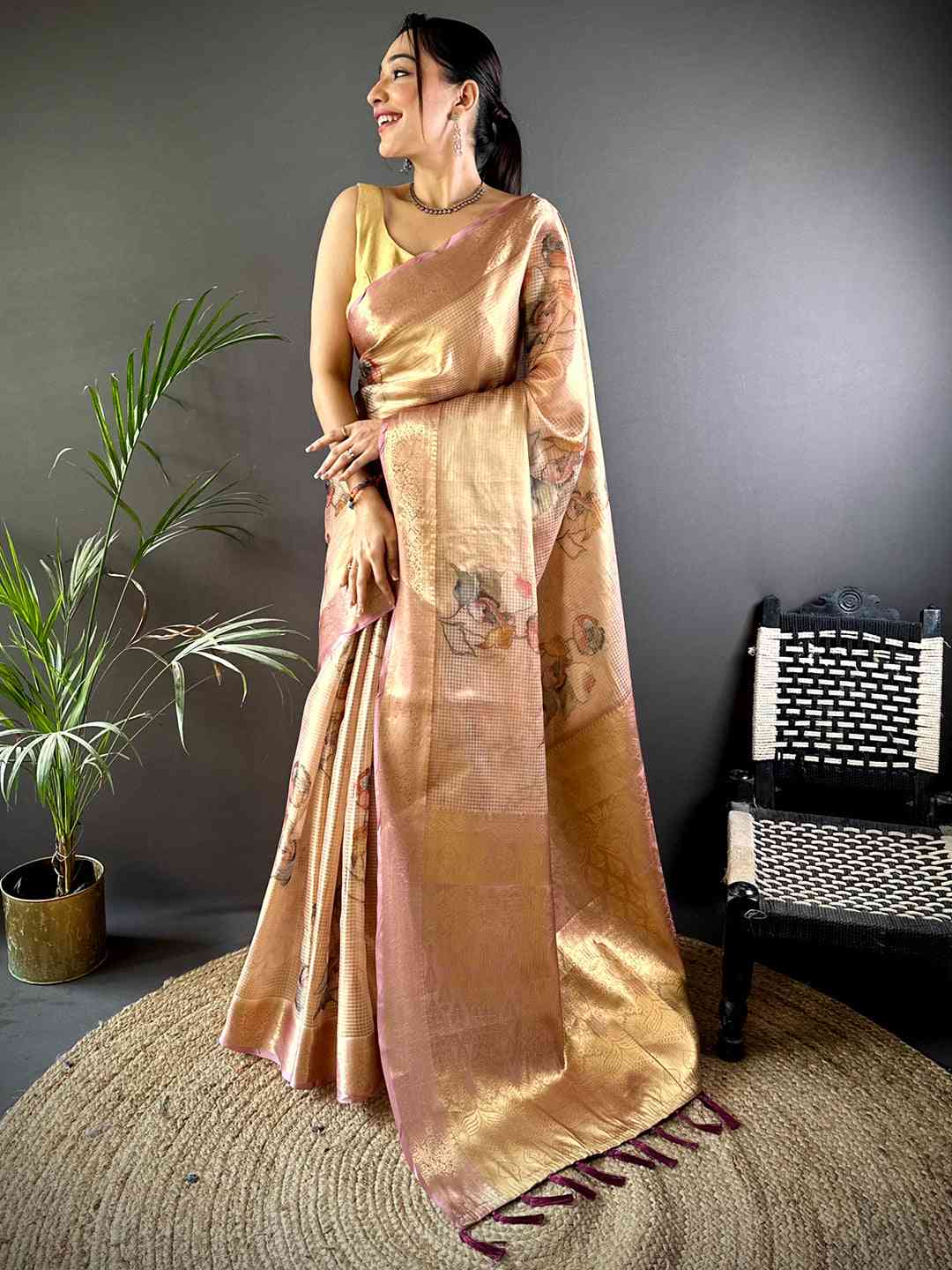Stylish Dark Wine Self Gold Zari Floral Print Saree by My Store