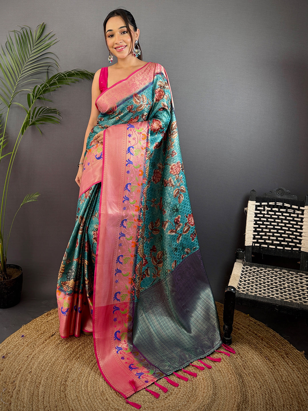 Teal Kora Muslin Kalamkari Floral Print Saree by My Store