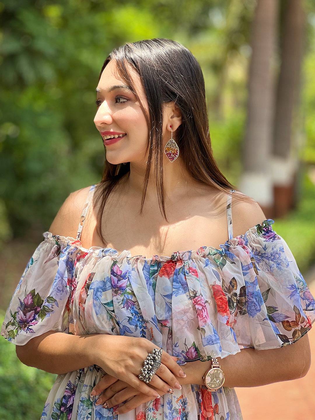 Creamy Off-White Forest Maxi Dress by My Store