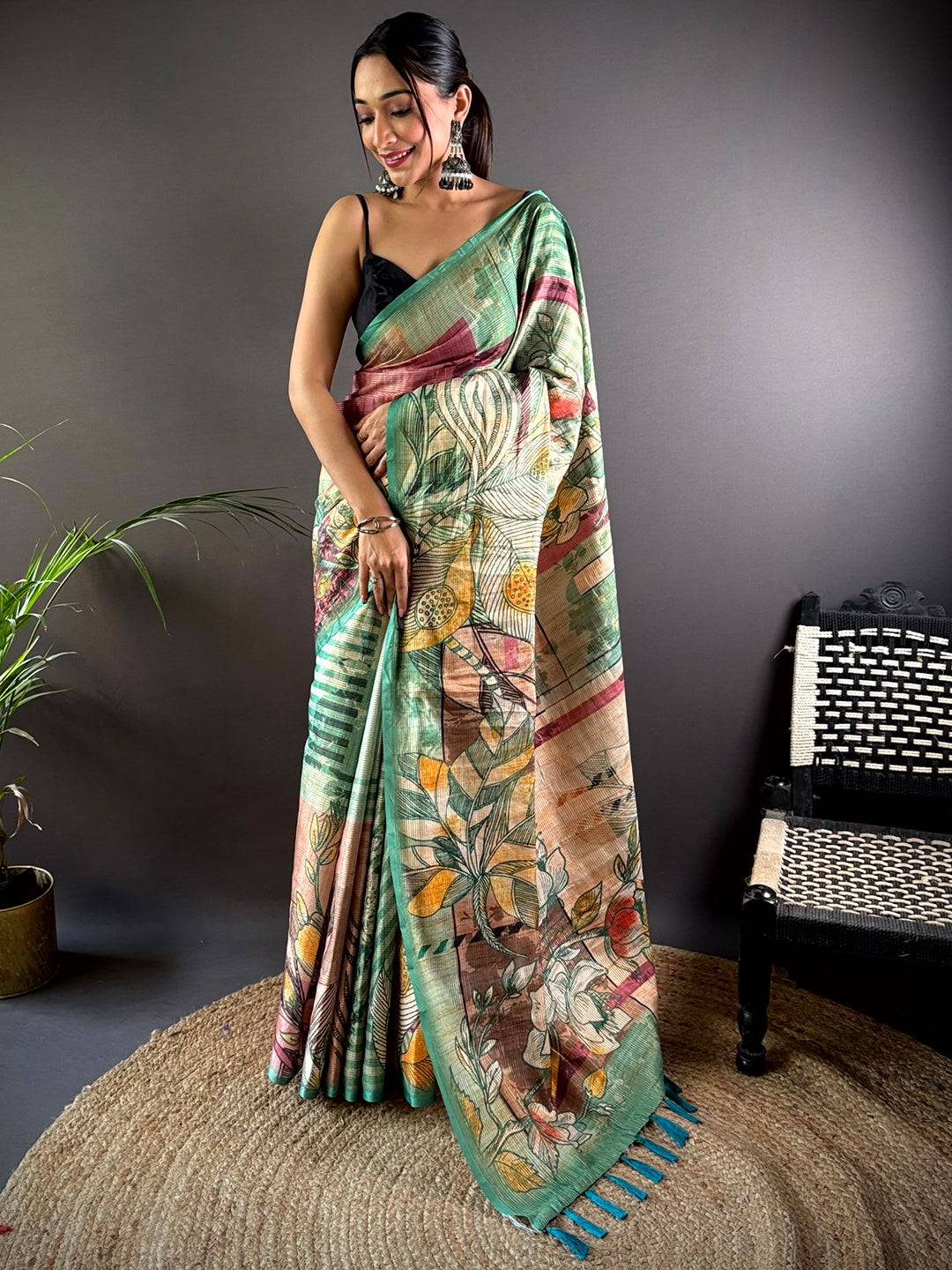 Steel Blue Tussar Silk Lush Botanical Prints Saree by My Store
