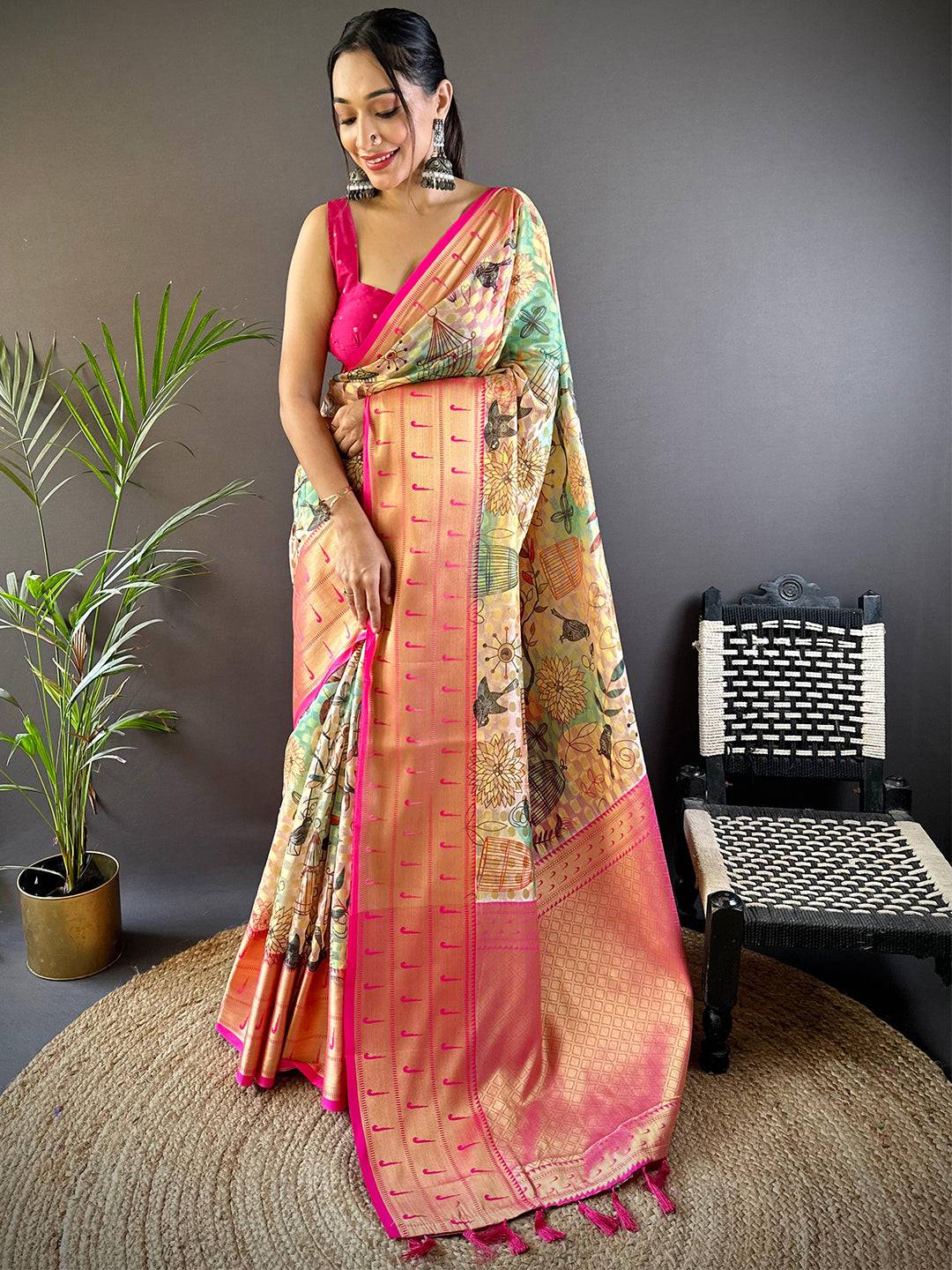 Multi Digital Paithani Kora Silk Saree by My Store