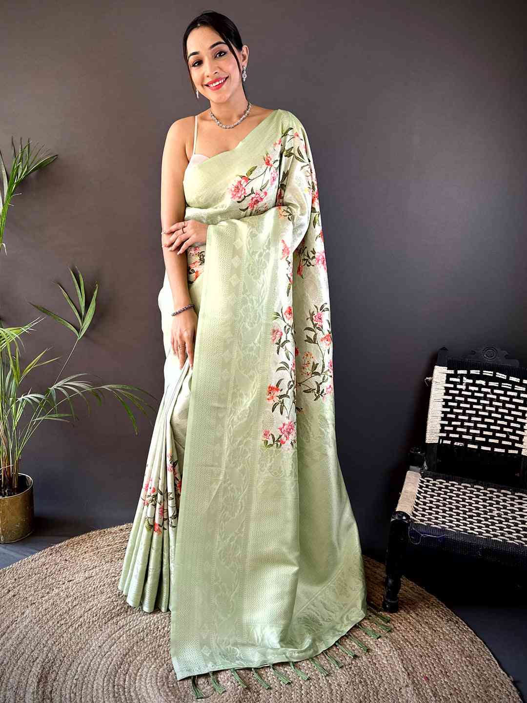 Pastel Green Kanjivaram Digital Silk Saree by My Store