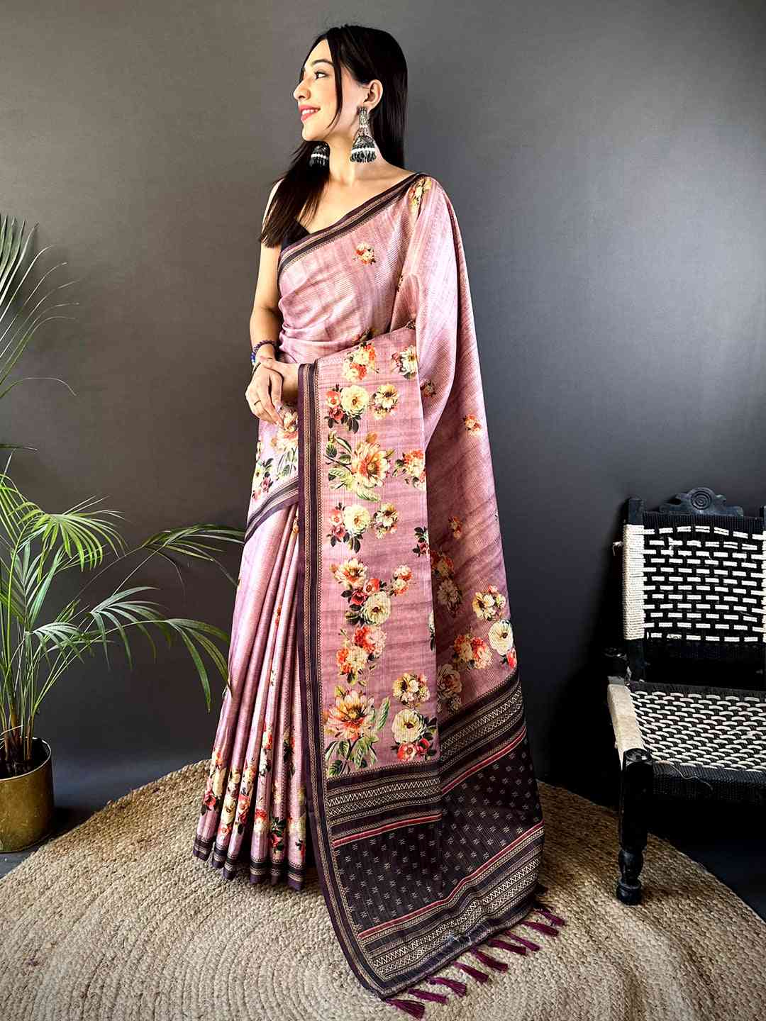Floral Beauty in Mauve Tussar Zari Saree by My Store
