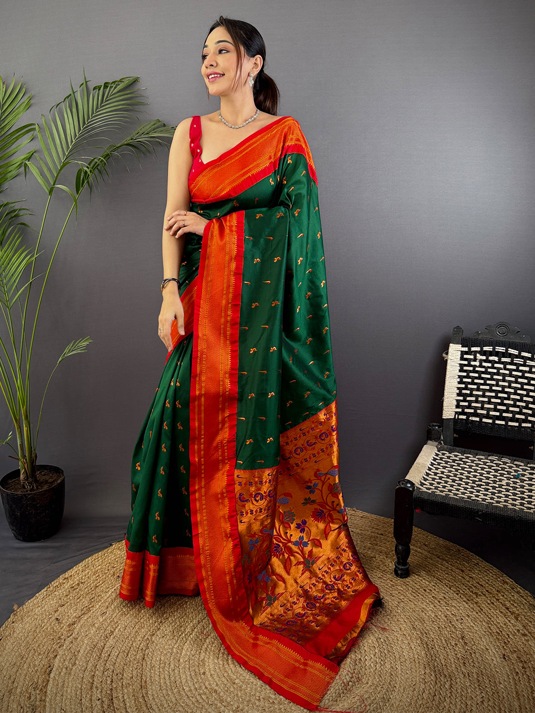 Green Soft Silk Paithani Saree by My Store