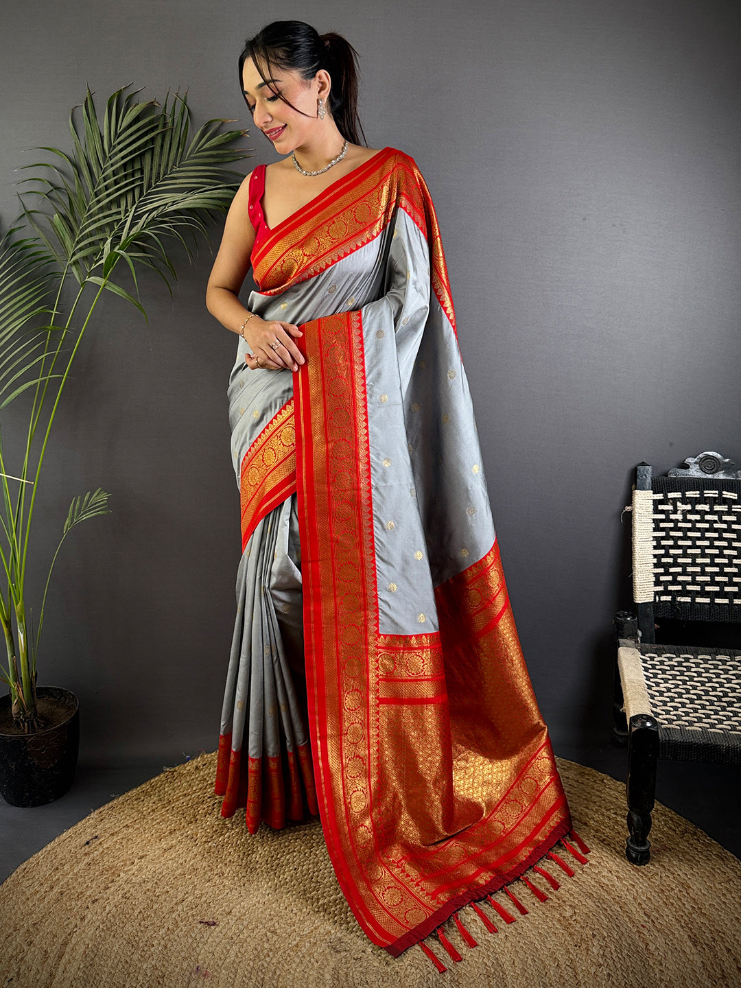 Regal Grey Gold Zari Butta Saree by My Store