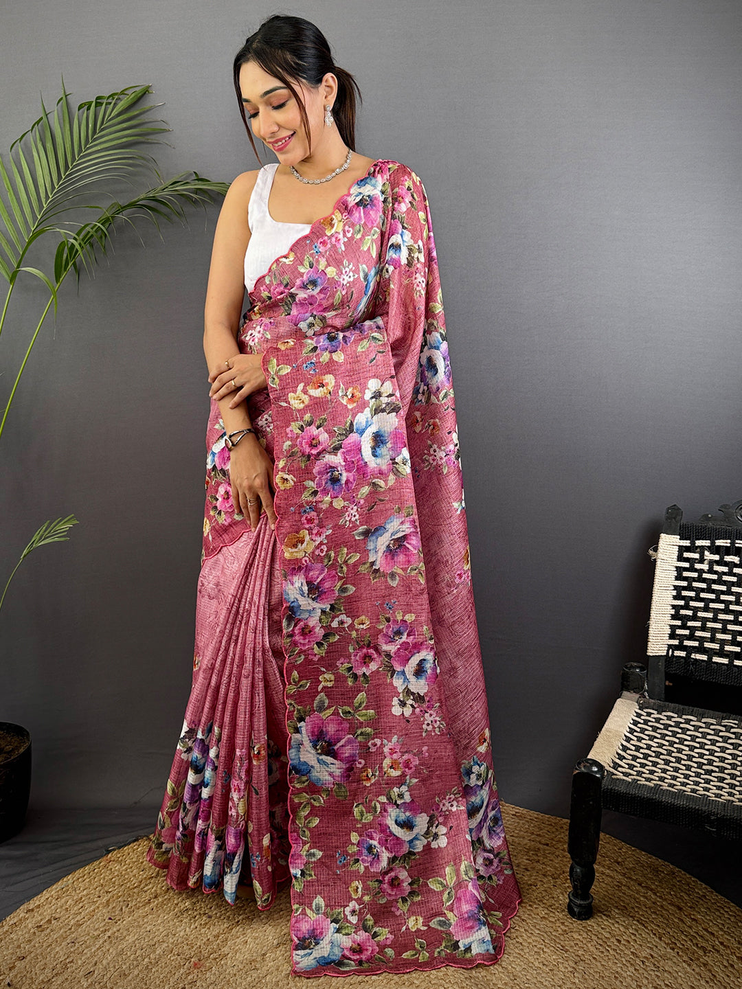 Dusty Mauve Floral Cut Work Kota Saree by My Store