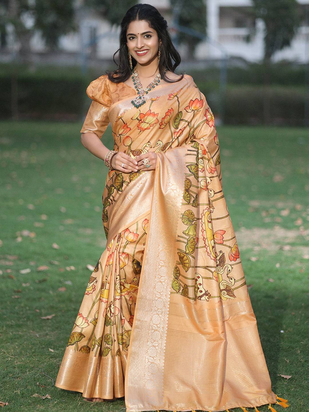 Peach Pure Viscose Dola Silk Saree With Pichwai And Mughal Print - Luxe by My Store