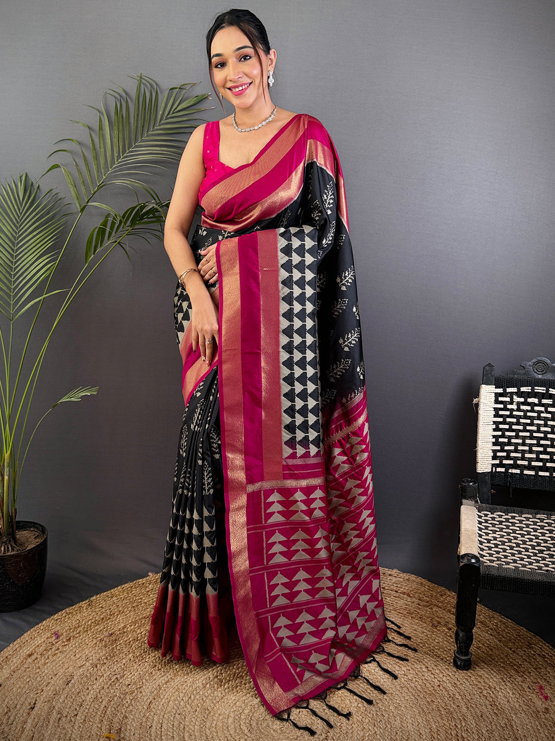 Radiant Black Soft Silk Ikkat Saree by My Store