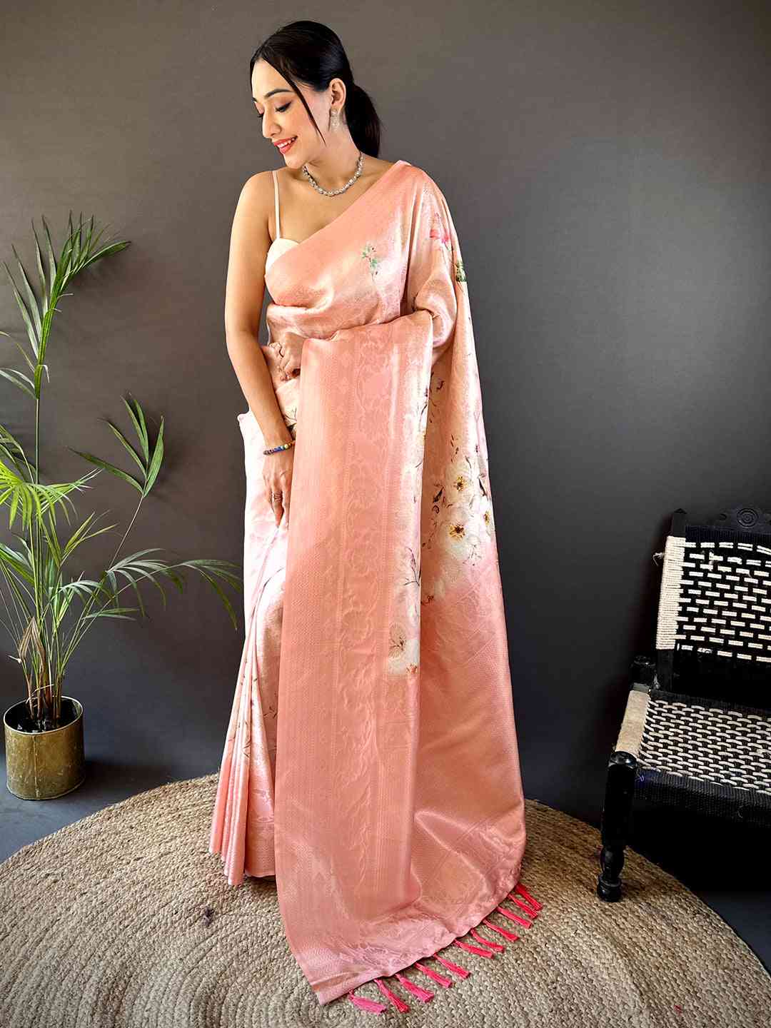 Pastel Peach Kanjivaram Digital Silk Saree by My Store