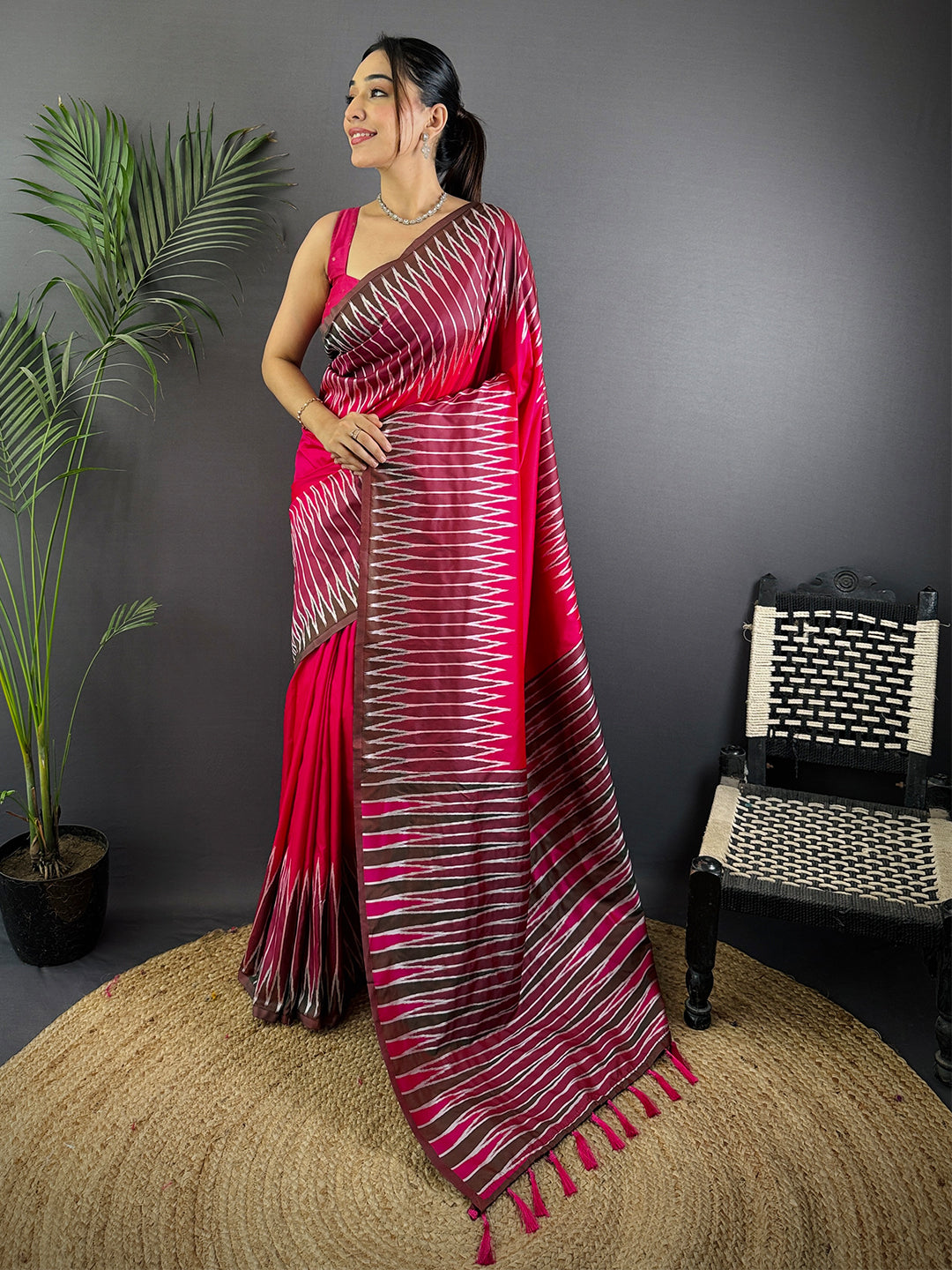 Pink Soft Silk Ikkat Zari Weaving Saree by My Store