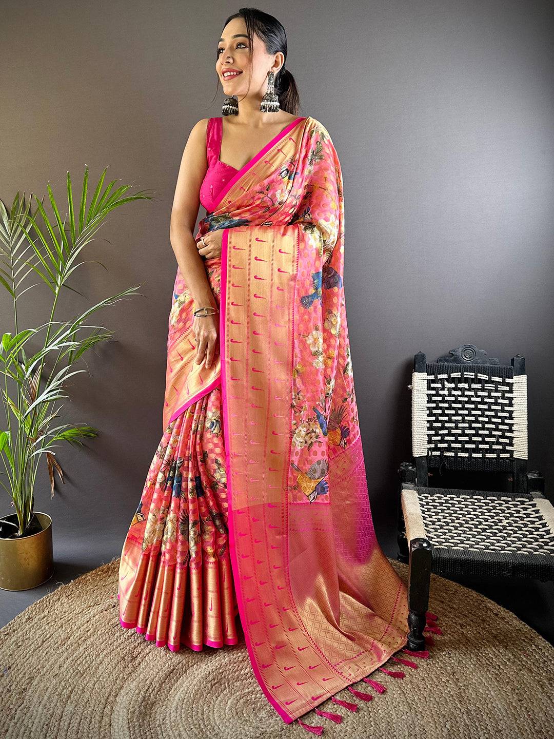 Pink Floral Paithani Kora Silk Saree by My Store