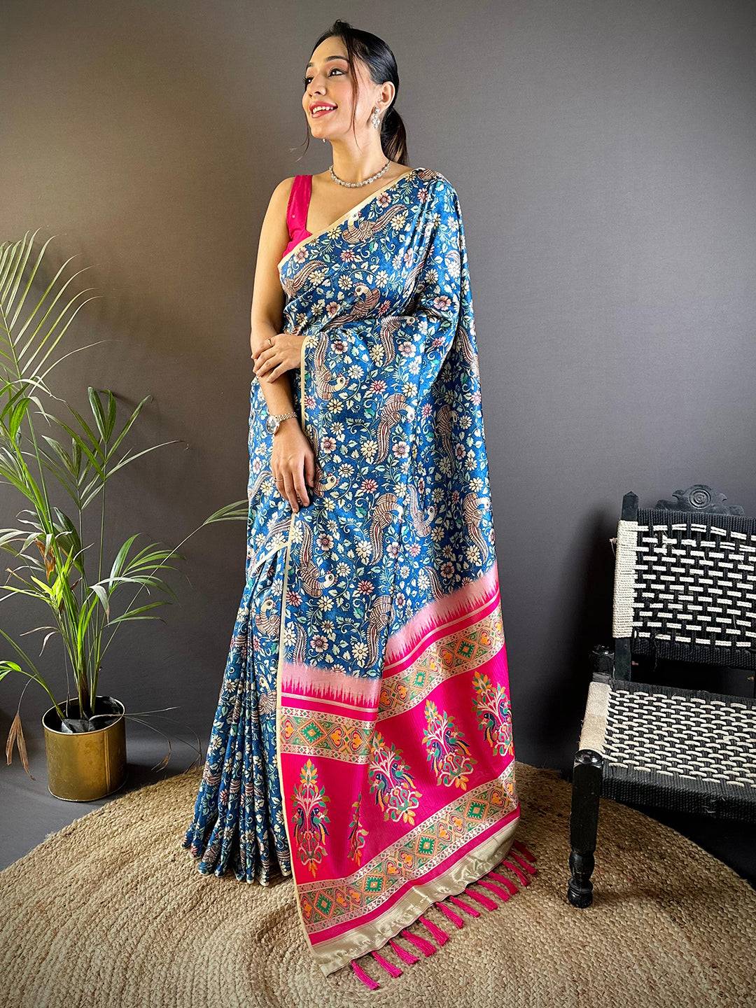 Steel Blue Kalamkari Floral Print Gamthi Saree by My Store