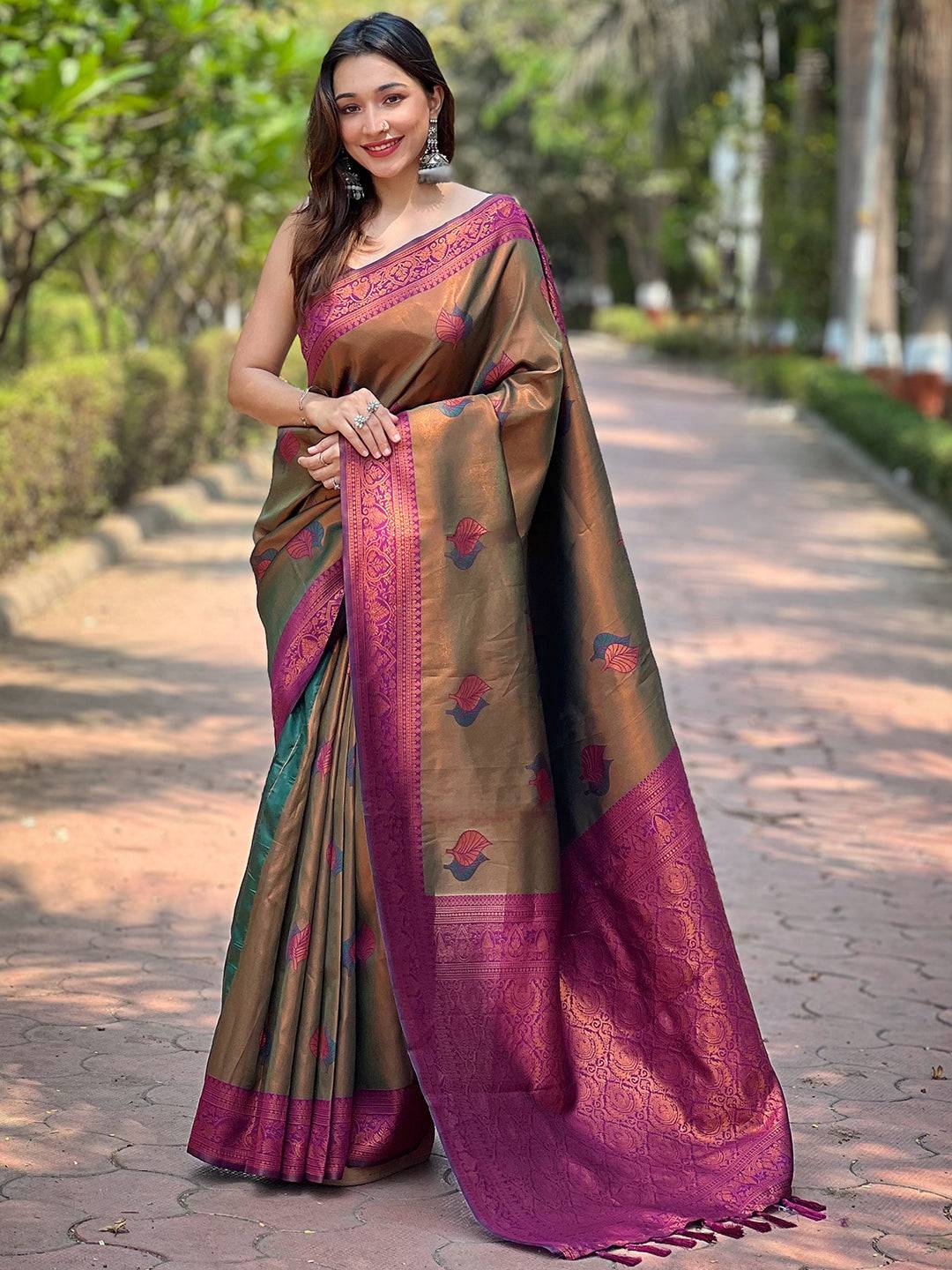 Midium Bronze Kanjivaram Tissue Saree With Gold Zari Weaving by My Store