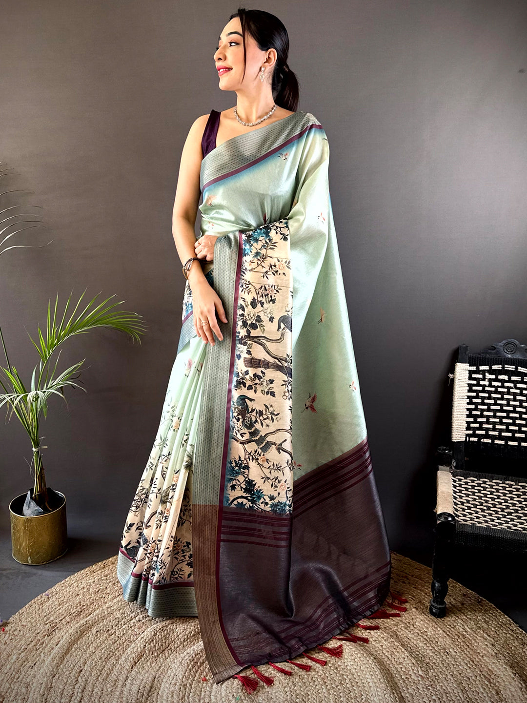 Mint Green Digital Kalamkari Printed Tussar Silk Saree by My Store