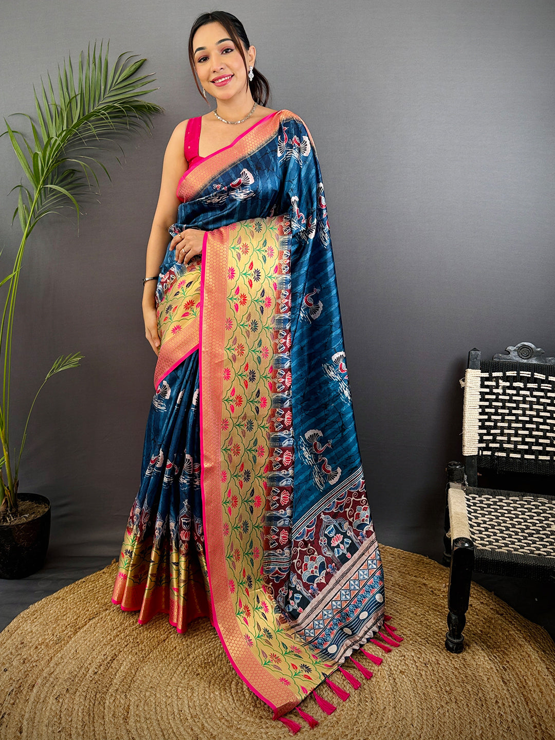 Dark Blue Freehand Digital Print Soft Silk Saree by My Store