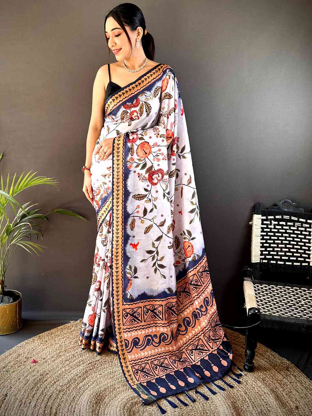 Off White Soft Silk Floral Saree by My Store