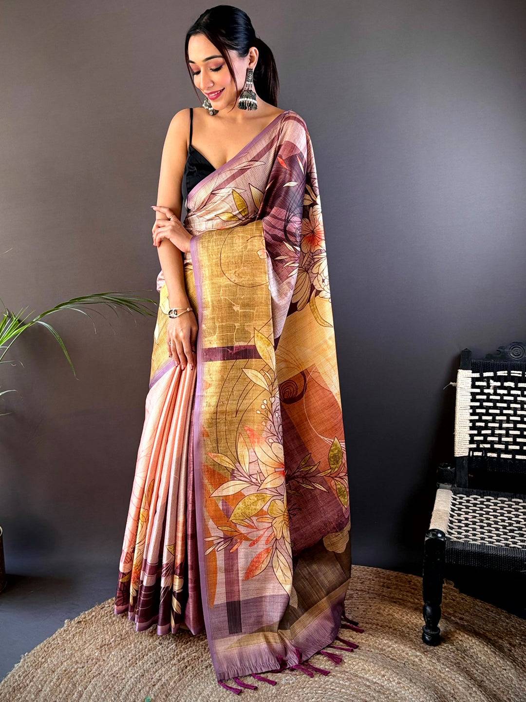Wine Semi Zari Tussar Floral Saree