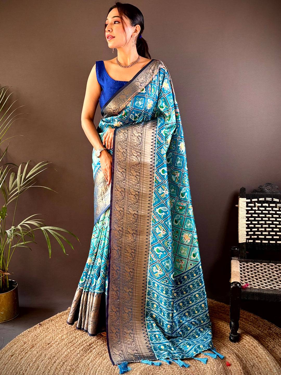 Ombre Sky Blue Soft Silk Patola Print Saree by My Store