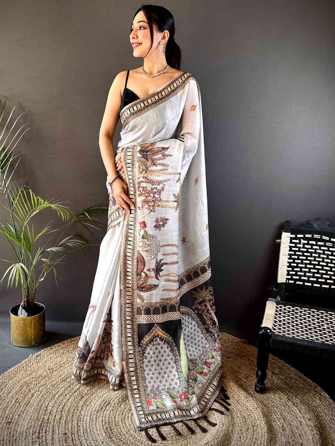 Grey Tissue Floral Leaf Print Saree by My Store