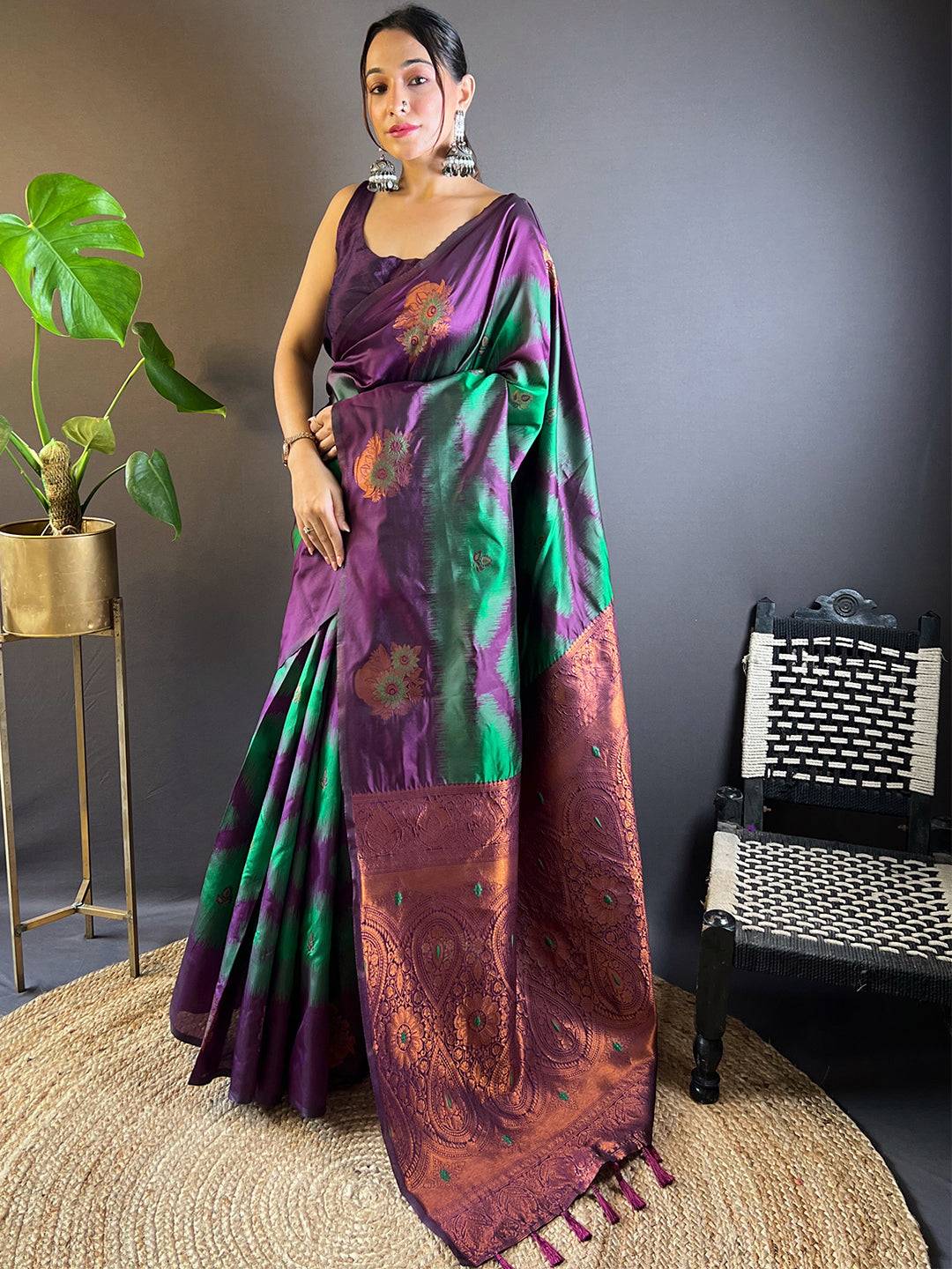 Dark Green Tussar Silk Ikkat Weaving Saree