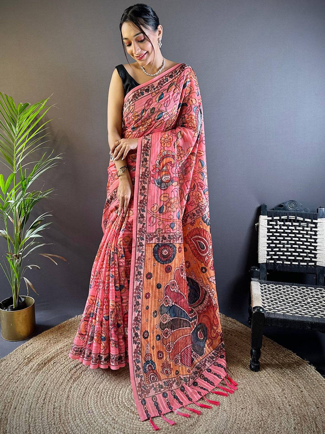 Coral Rose Kalamkari Saree by My Store
