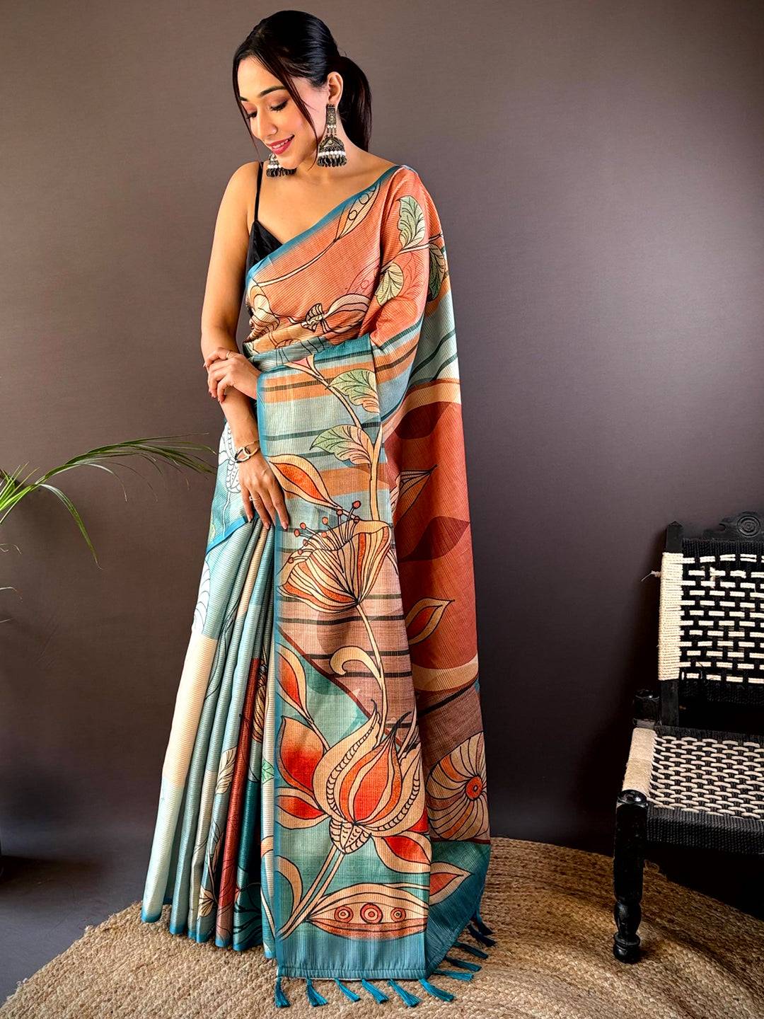 Teal Zari Tussar Printed Saree
