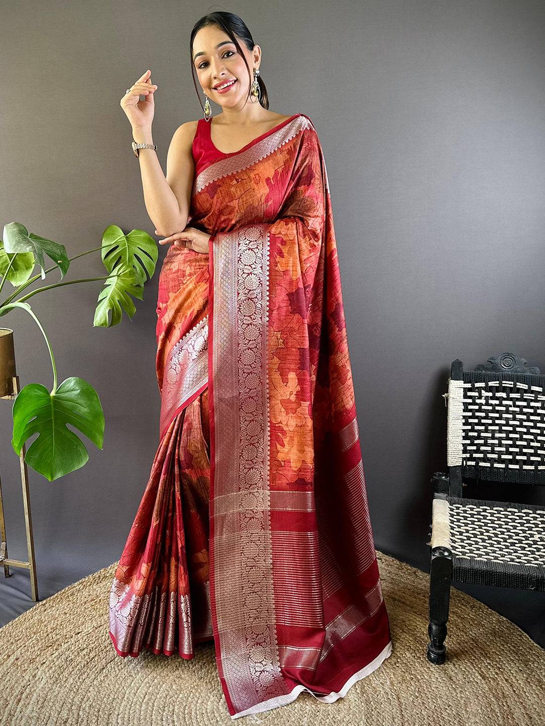 Red Zari Woven Floral Dola Silk Saree by My Store