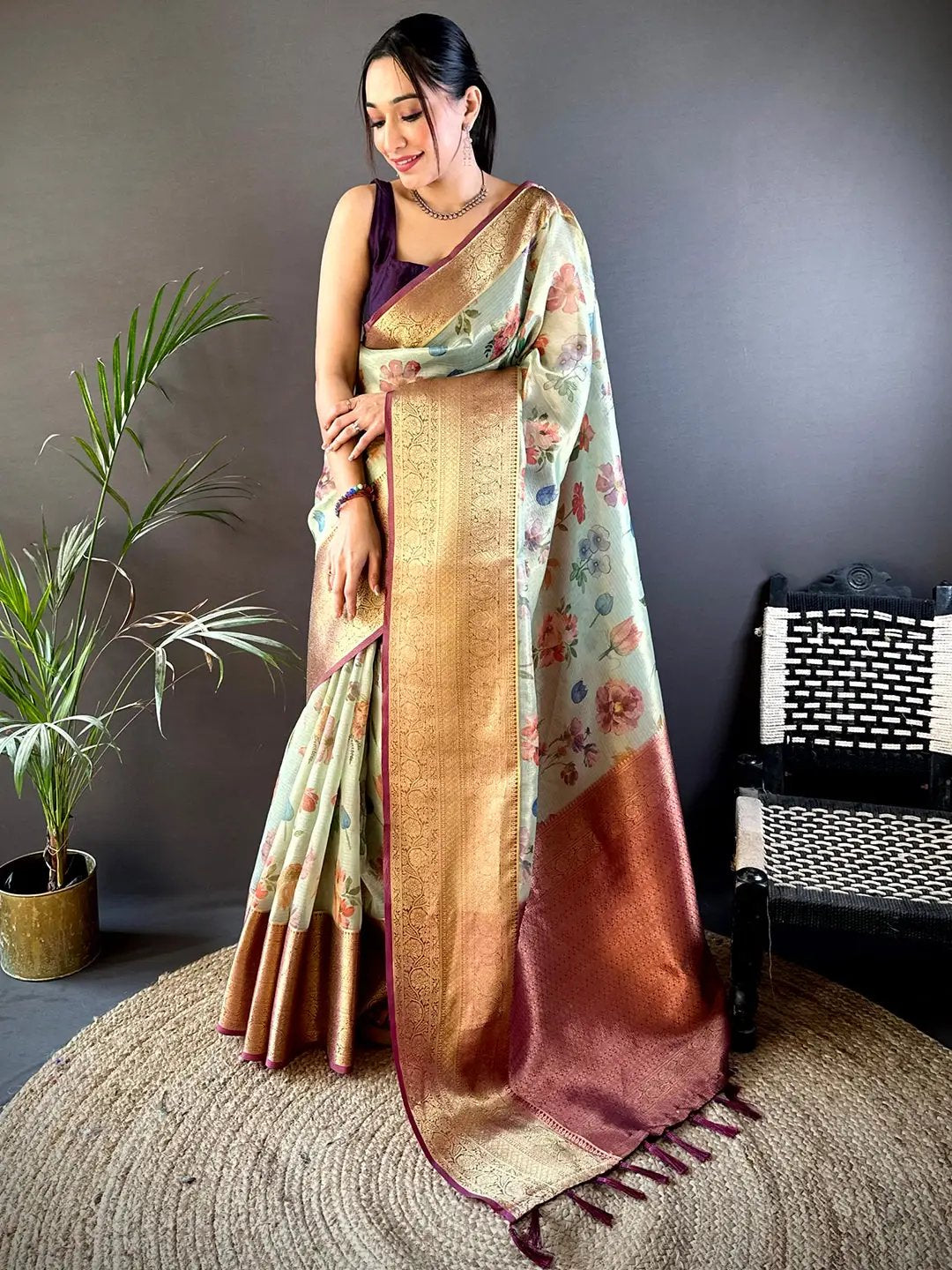 Jade Green Floral Gold Zari Tissue Saree by My Store