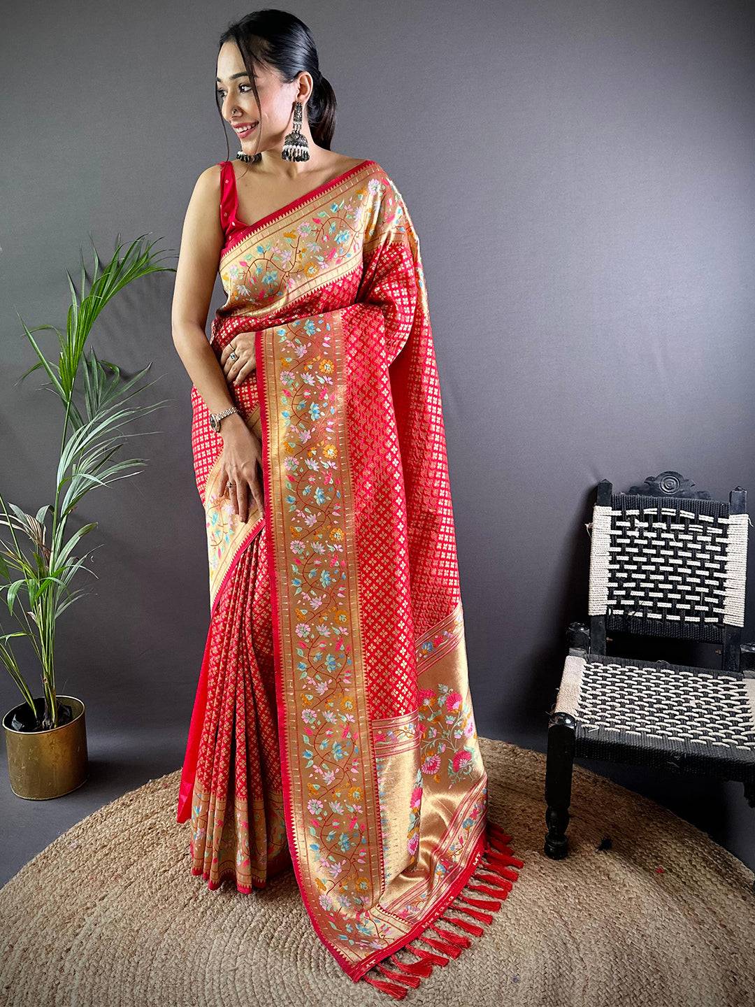 Red Banarasi Mina Kari Katan Silk Saree by My Store