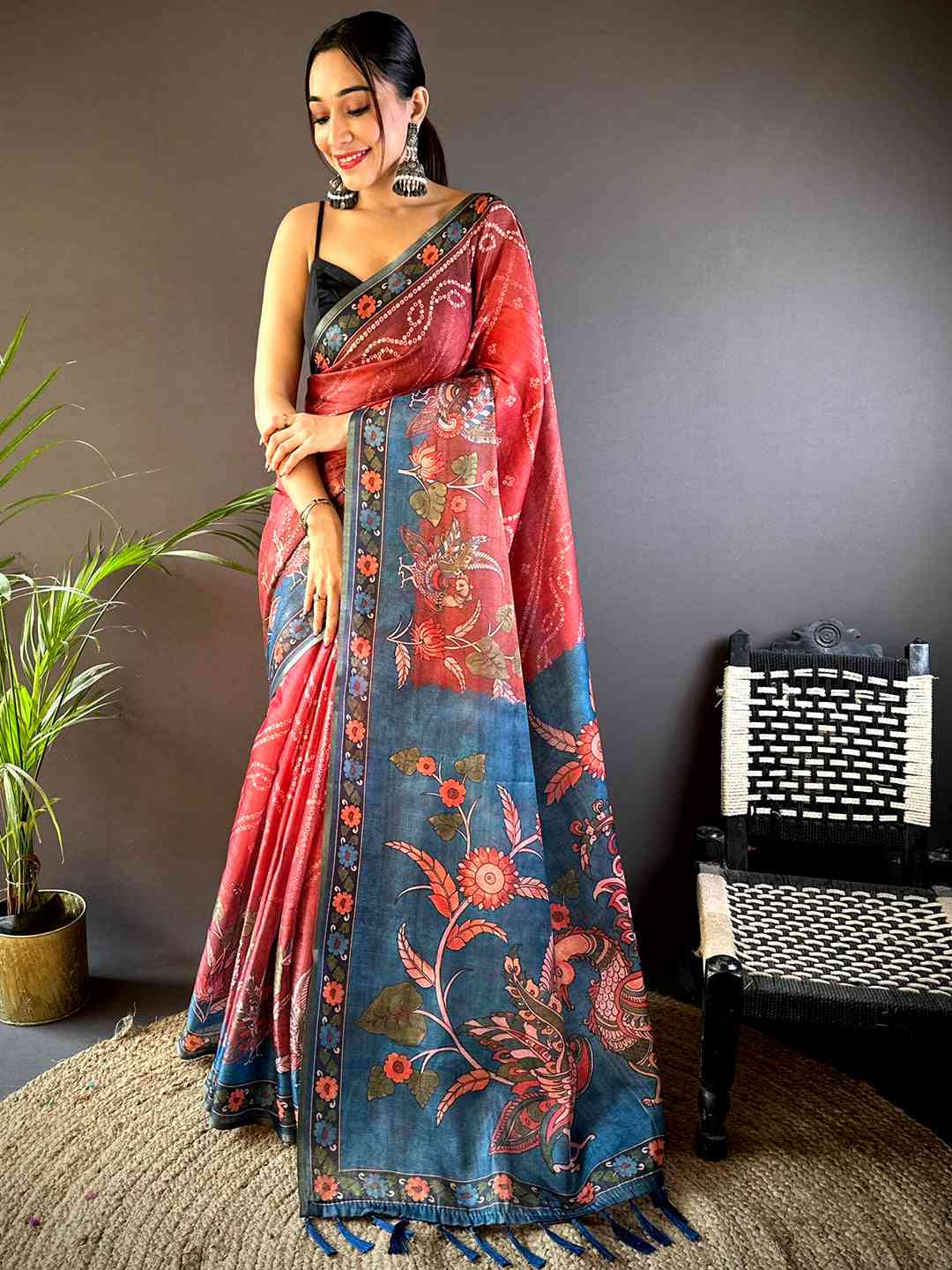 Red Tissue Bandhej Kalamkari Saree by My Store