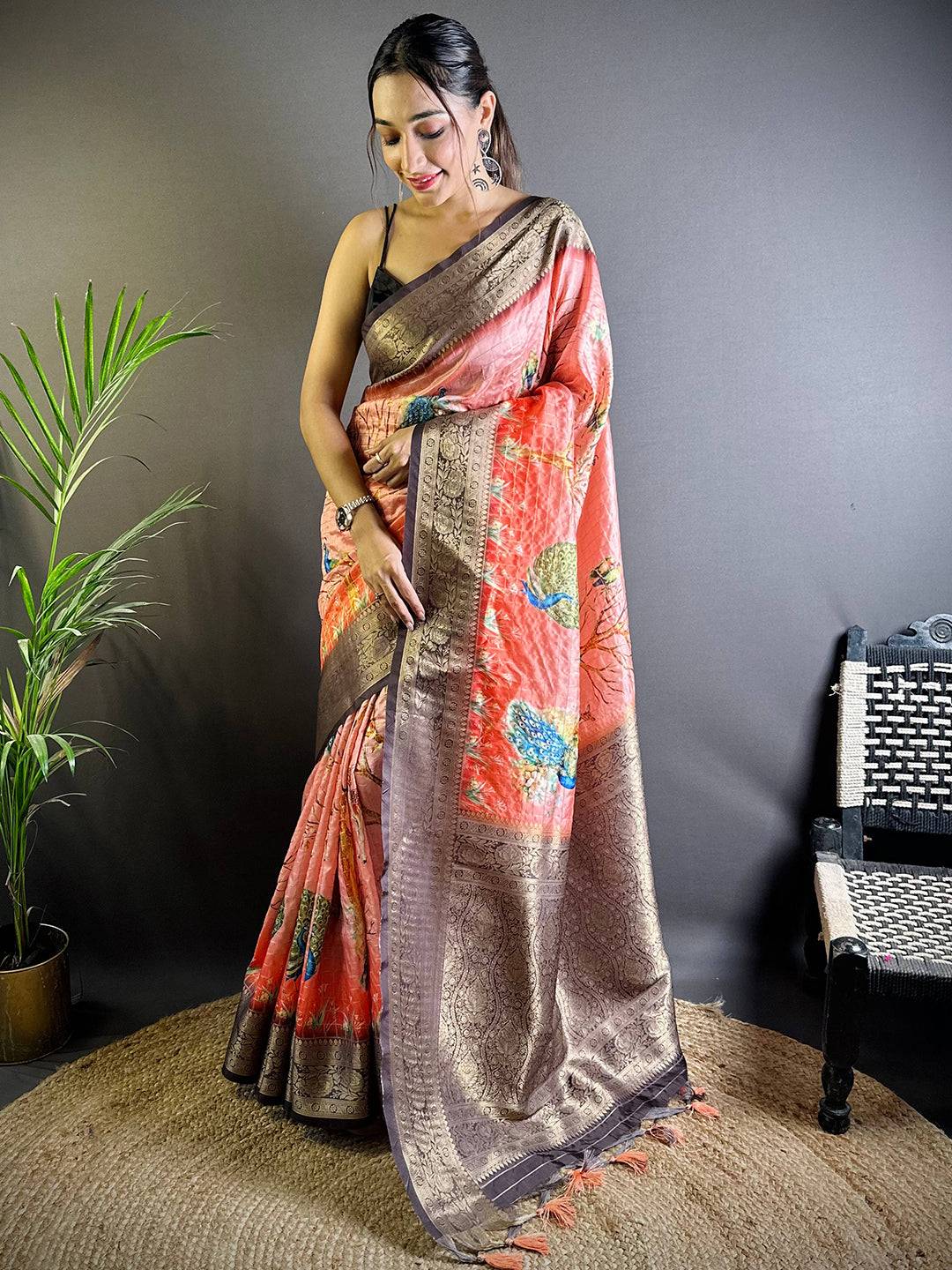 Peach Chex Radiance Banarasi Silk Saree by My Store