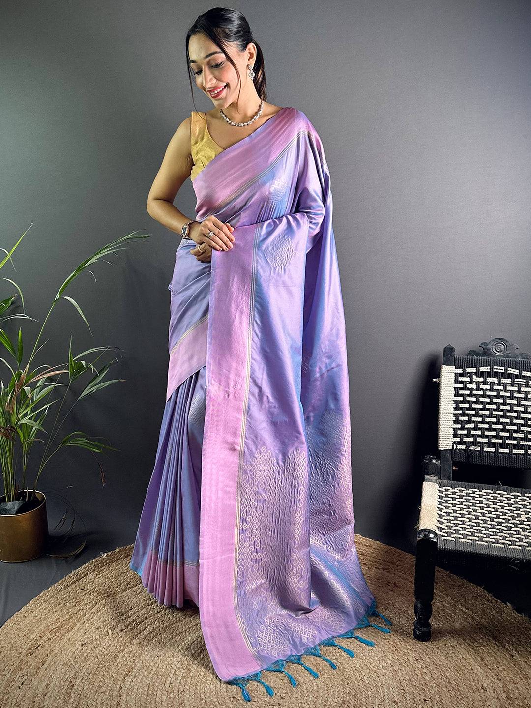 Lavender Blue Kolam Silk Heritage Saree by My Store