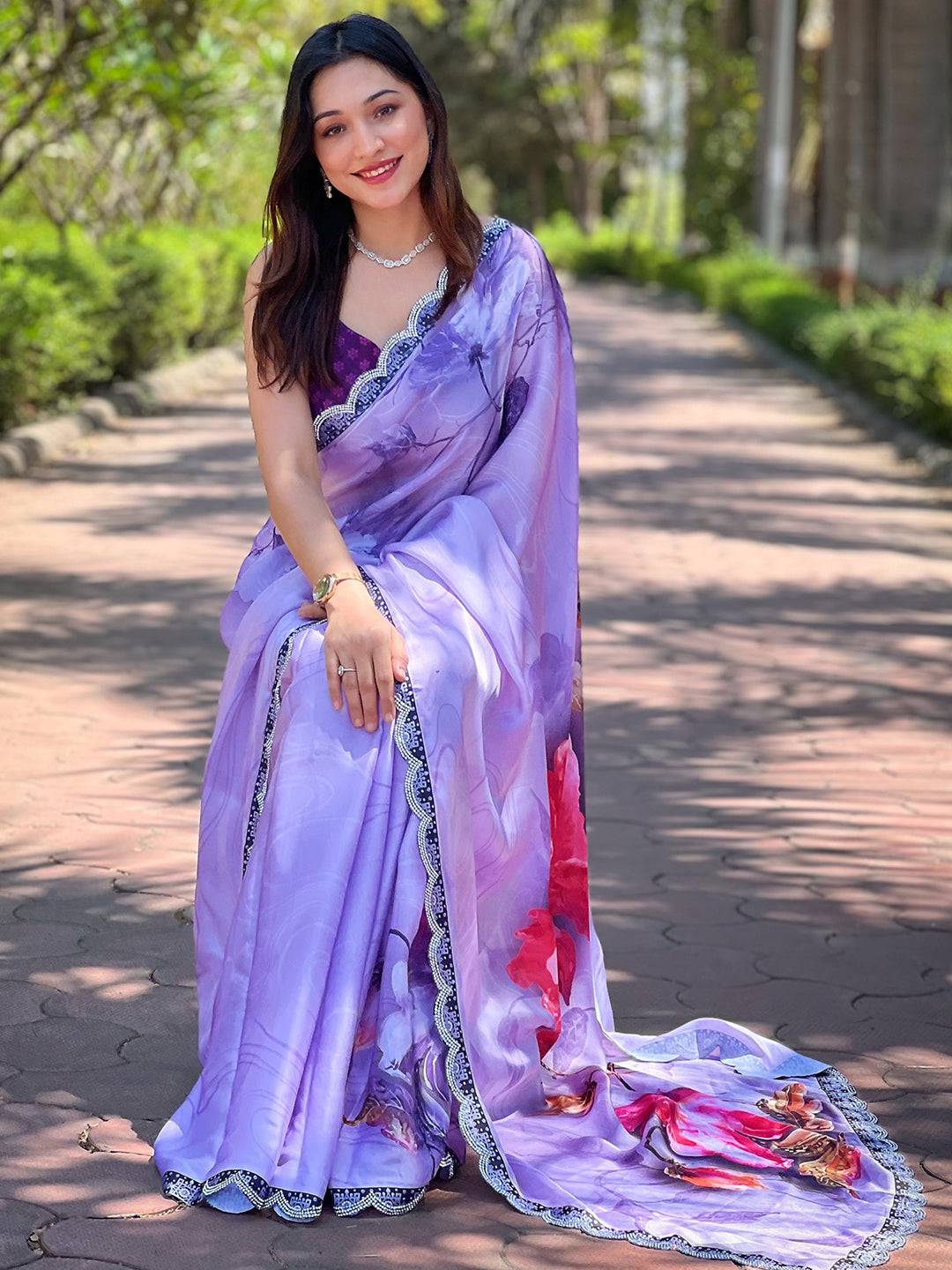 Purple Satin Georgette Floral Print Saree by My Store