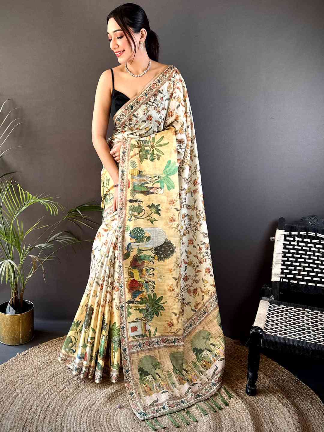 Off White Tussar Pashmina Kalamkari Saree by My Store