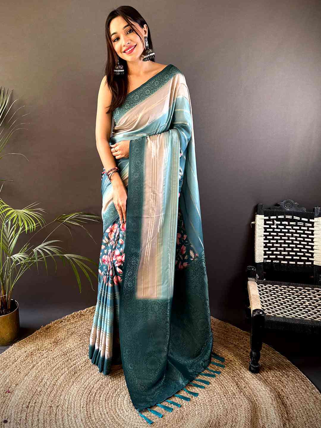Teal Blue Crepe Silk Floral Saree by My Store