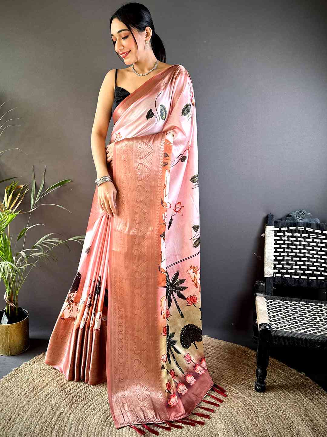 Blush Pink Pichwai Print Soft Silk Saree by My Store
