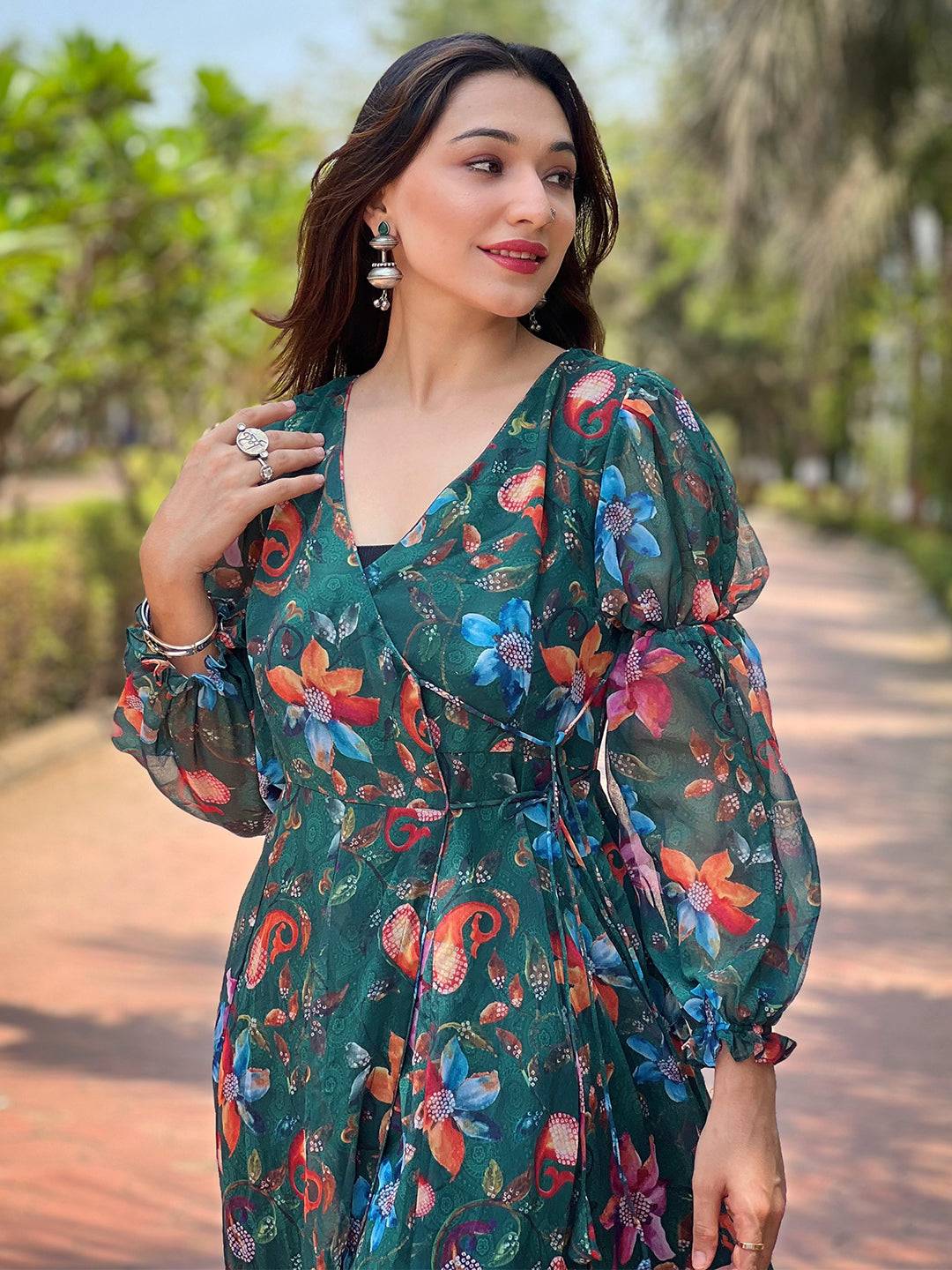 Dark Green Angarakha Cut Dress by My Store