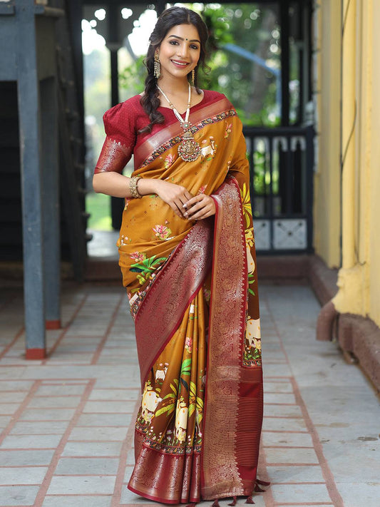 Pichwai Print Zari Weaving Pallu Saree In Mustard Colour - Luxe by My Store