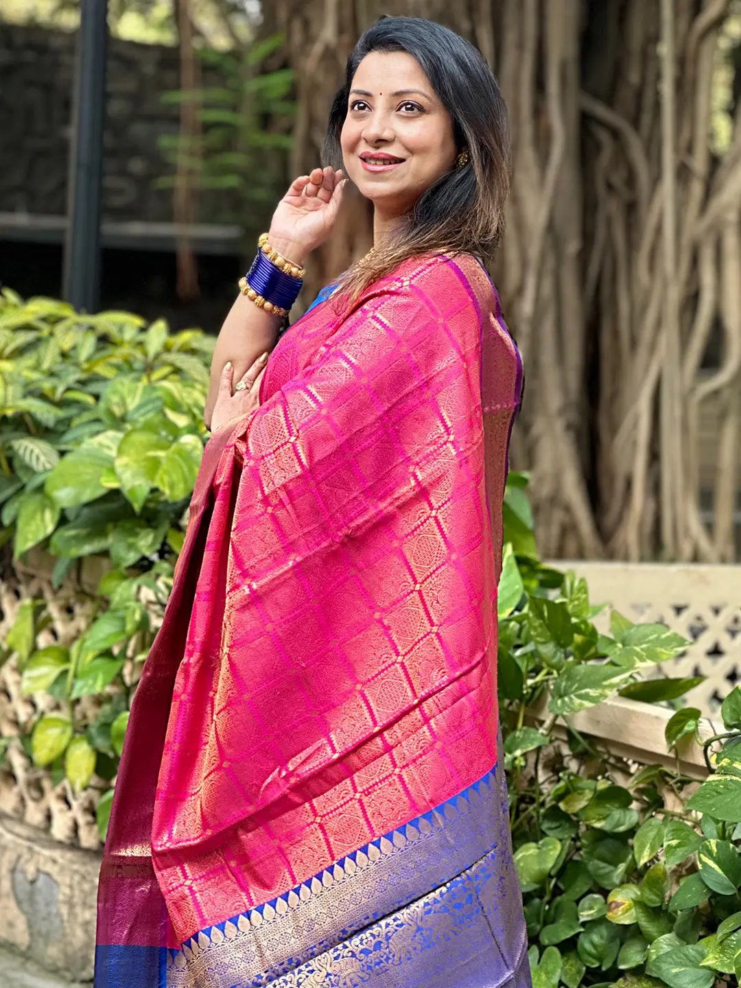 Checked Print Kanjivaram Silk Saree With Zari Work by My Store
