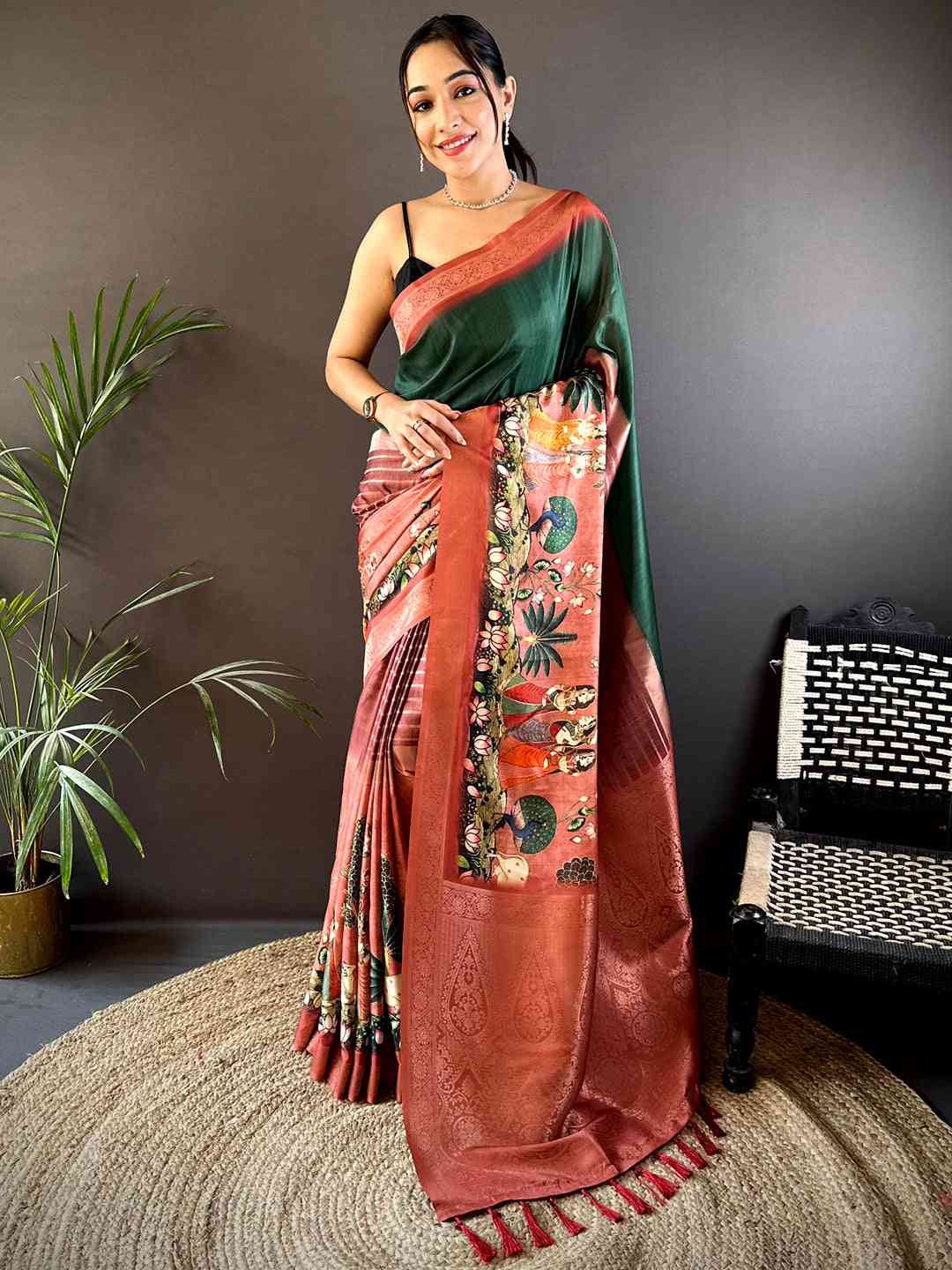 Green Soft Silk Placement Digital Print Saree by My Store