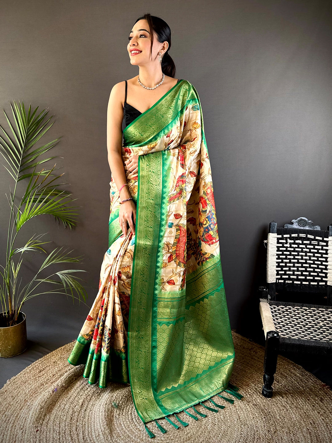 Green Banarasi Silk Pen Kalamkari Saree by My Store
