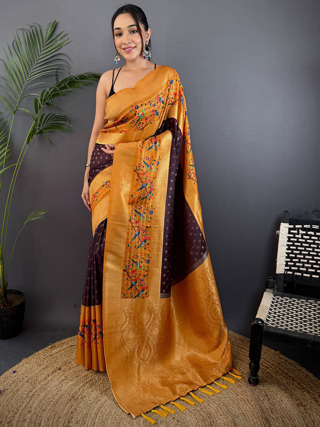 Brown Gadwal Silk Double Chex Saree by My Store