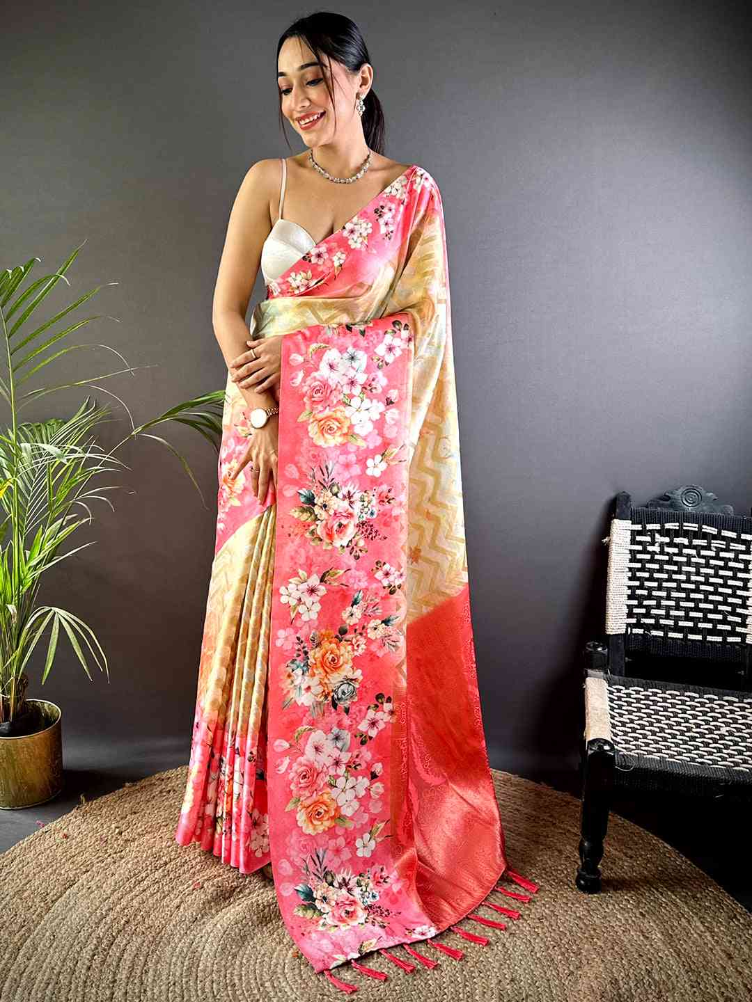 Pink Zari Zigzag Kota Doriya Saree by My Store