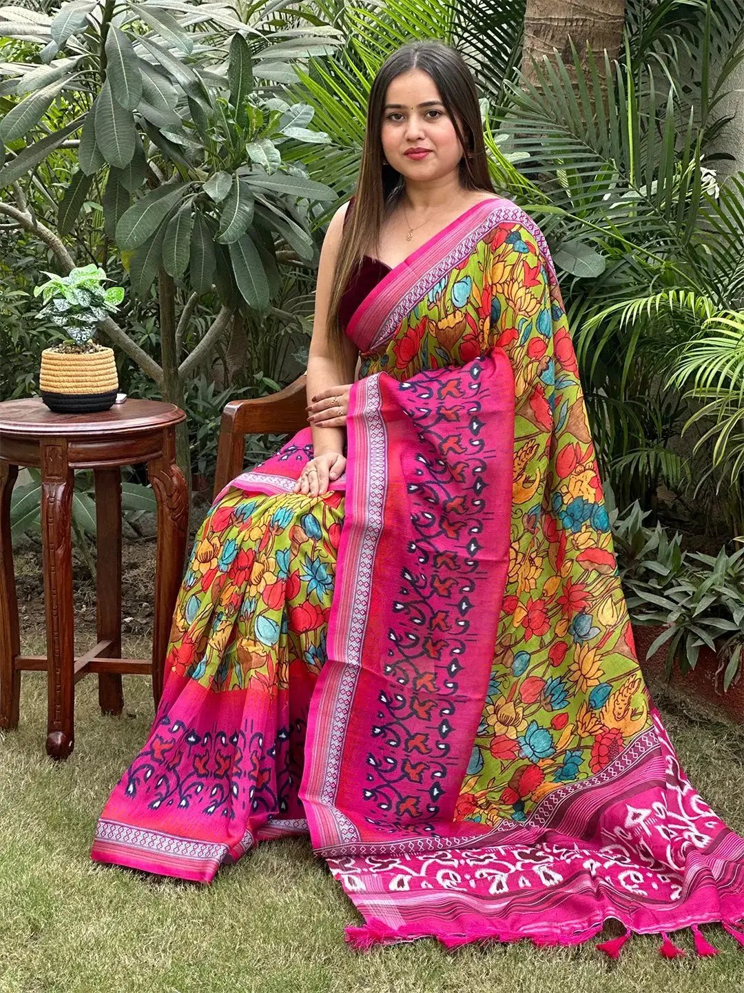 Floral Ikkat Printed Party Wear Saree by My Store