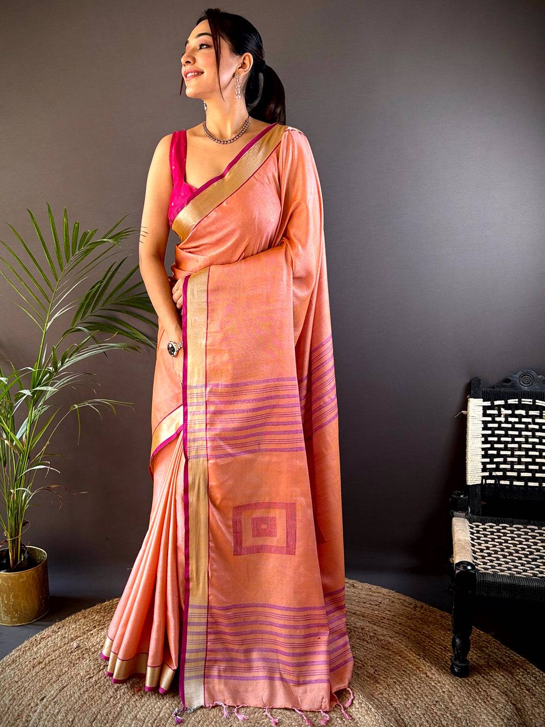 Peach Linen Zari Weaving Saree