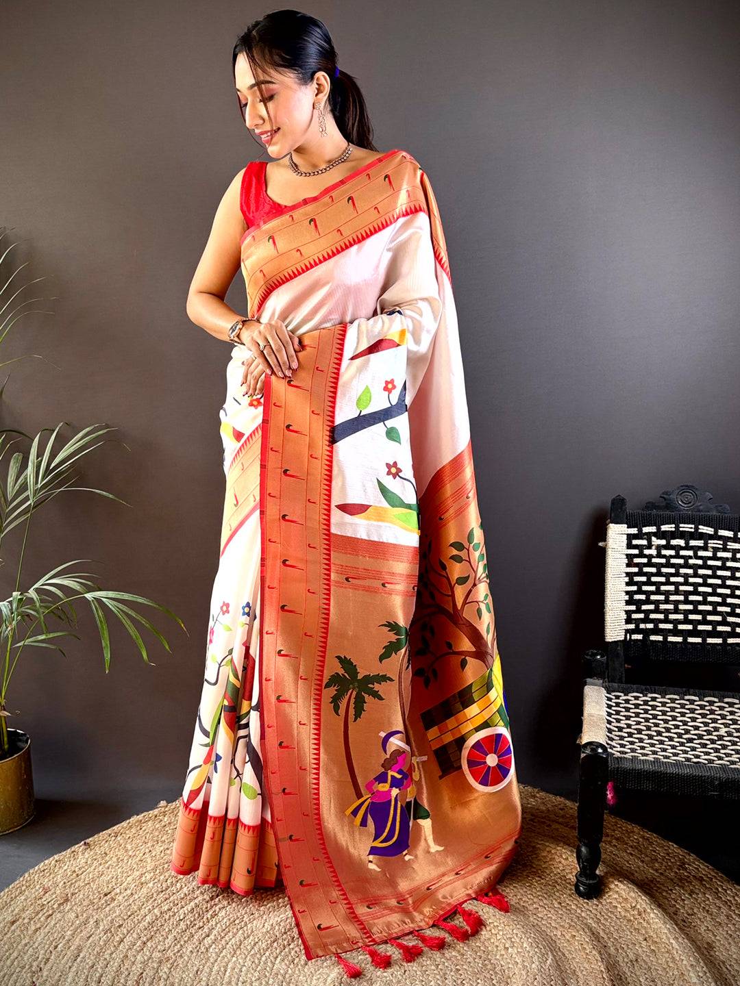 Daisy White Minakari Soft Silk Saree by My Store