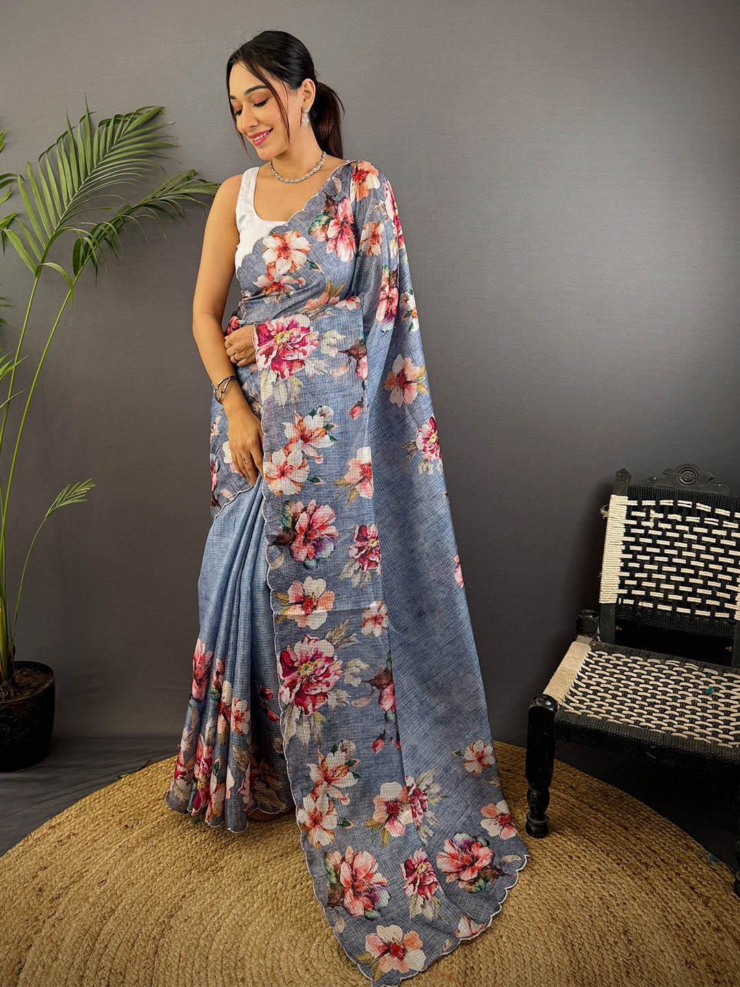 Dusty Blue Kota Floral Digital Cut Work Saree by My Store